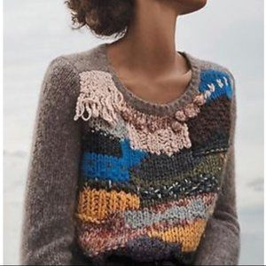 Anthropologie Fringed Collage Pullover Sweater S